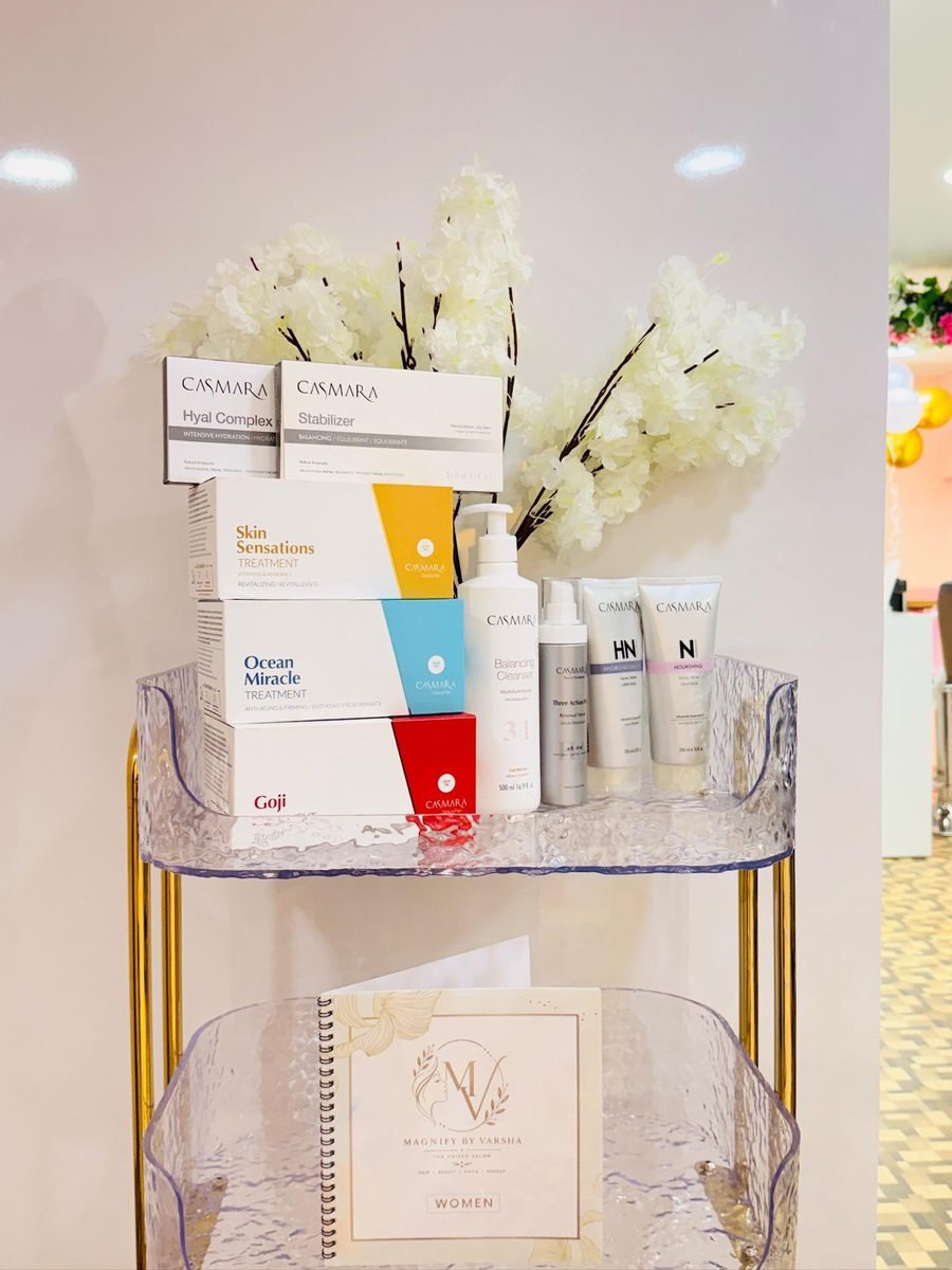 Professional skincare products used at Magnify By Varsha salon